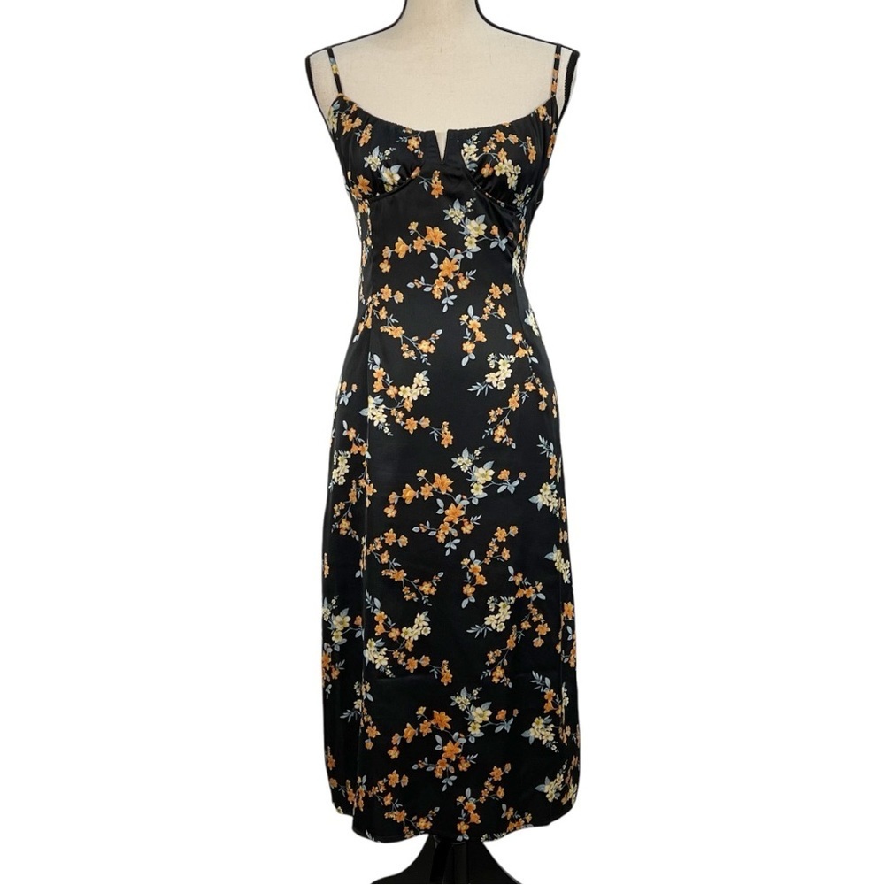 Forever 21 Black orange floral midi ruched notch neck dresss